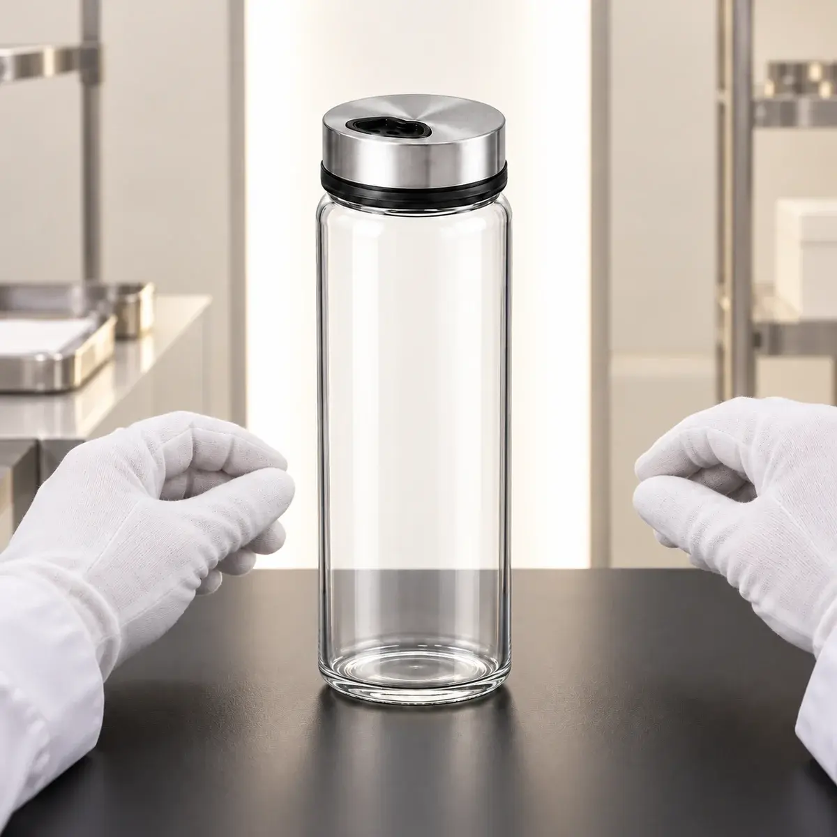 500 mL 3단 회전 유리 쉐이커의 외관과 체결 상태를 확인하는 품질 검사 장면