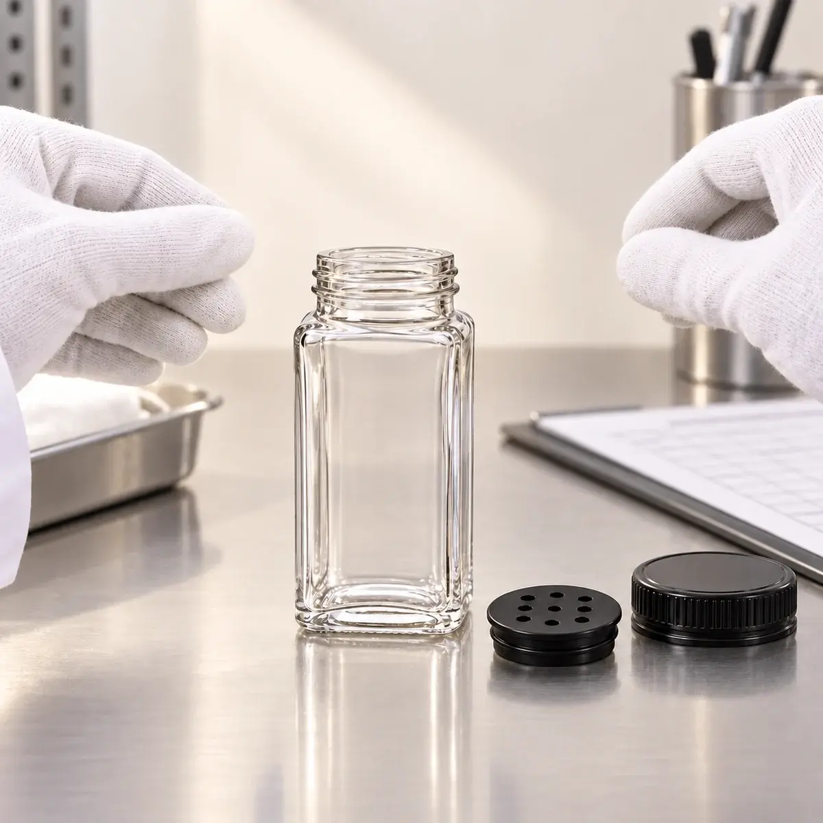 120 mL 사각 유리 조미료 쉐이커의 외관과 체결 상태를 확인하는 품질 검사 장면