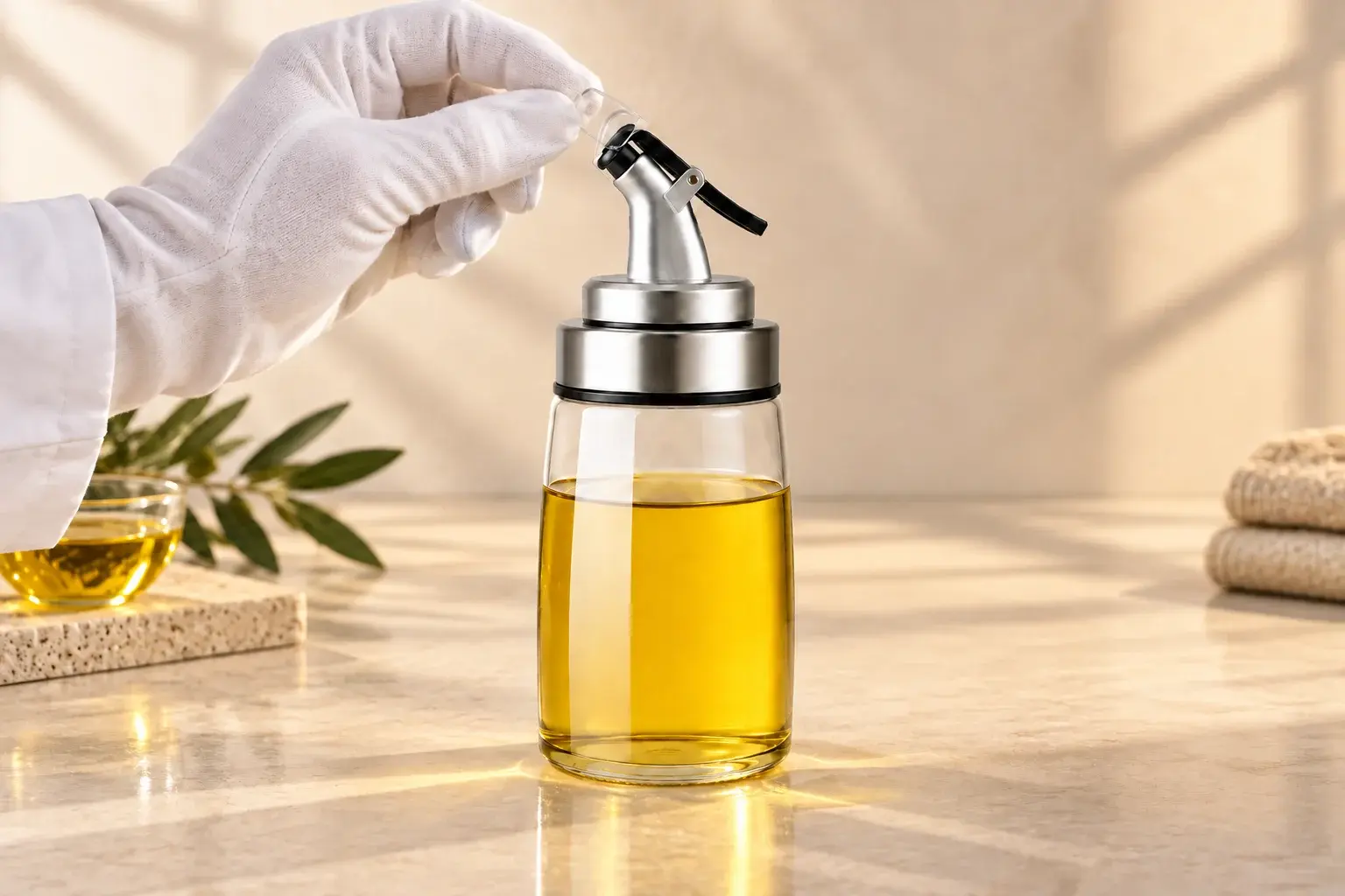 180 mL 와이드 곡선 푸어러 오일 디스펜서 병의 외관과 체결 상태를 확인하는 품질 검사 장면
