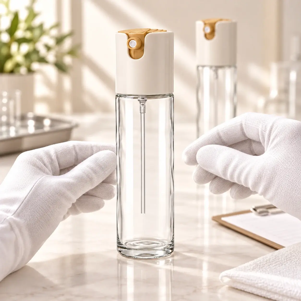 300 mL 손잡이 없는 분사·따르기 겸용 유리 오일 디스펜서 병의 외관과 체결 상태를 확인하는 품질 검사 장면