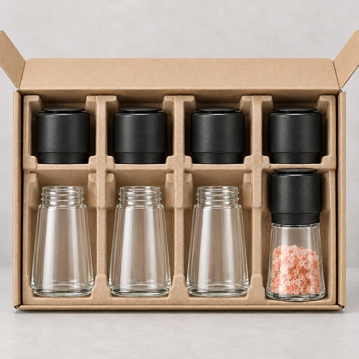 120 mL 와이드형 유리 수동 그라인더의 단품 상자, 빈 병 칸막이, 캡 분리 포장과 수출용 외부 카톤