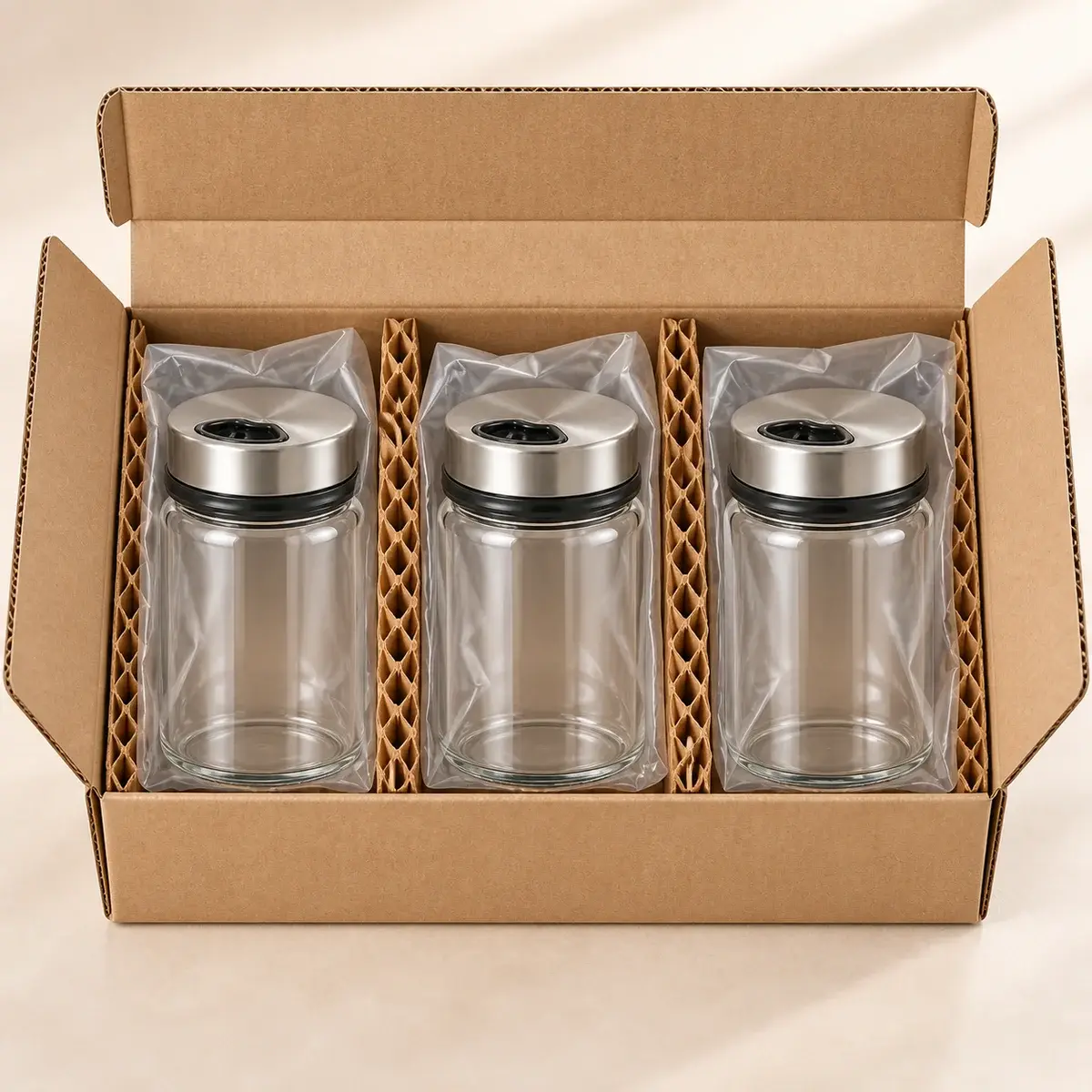 150 mL 3단 회전 유리 쉐이커의 단품 상자, 빈 병 칸막이, 캡 분리 포장과 수출용 외부 카톤