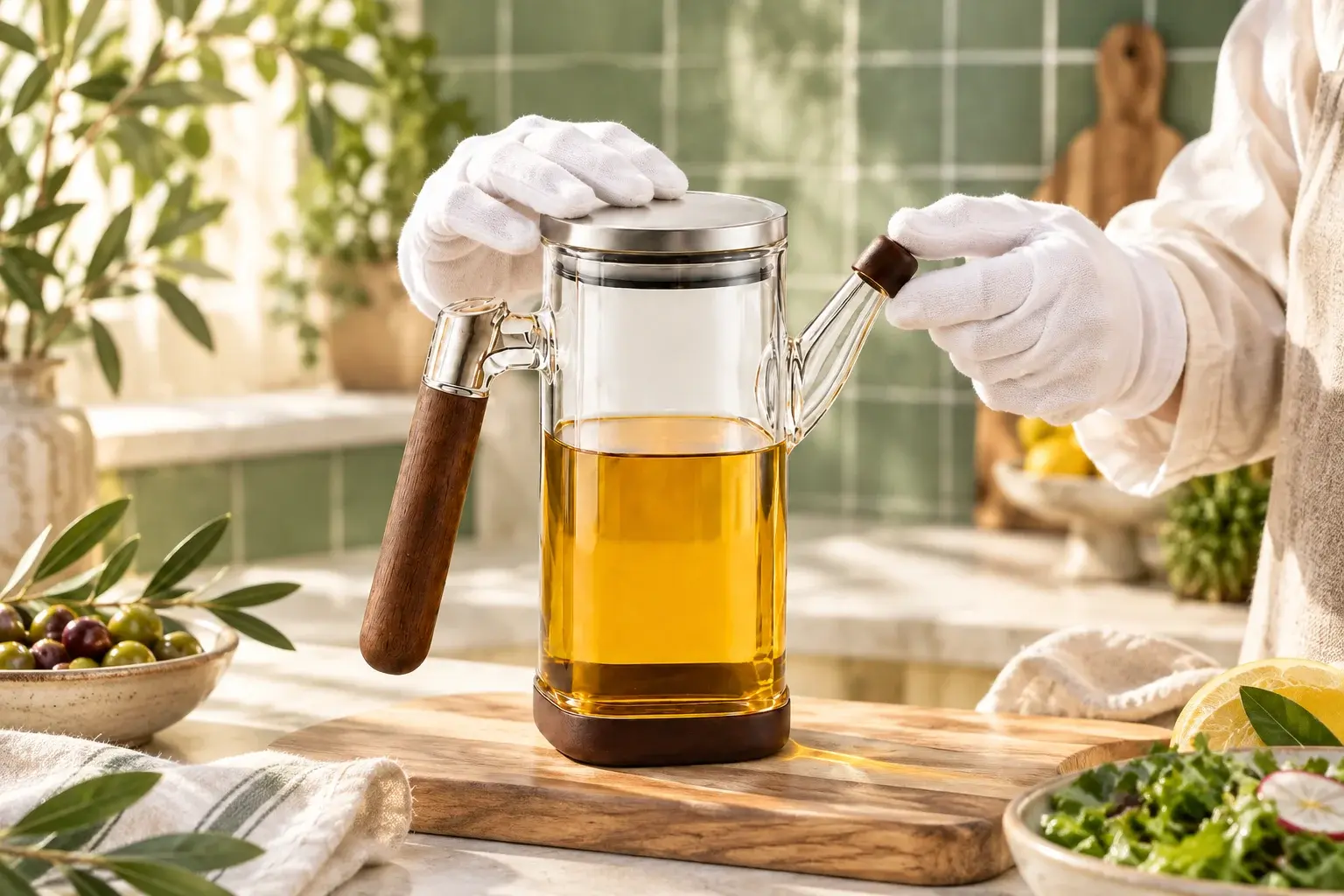 750 mL 대용량 우드 핸들 오일 디스펜서 병의 외관과 체결 상태를 확인하는 품질 검사 장면