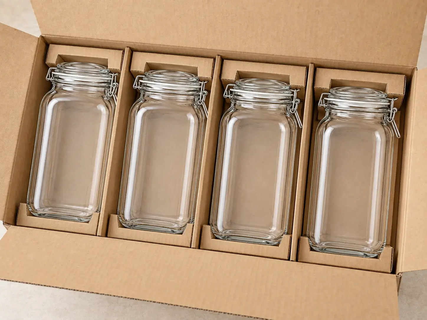 2,200 mL 사각 클램프 밀폐 유리병의 단품 상자, 빈 병 칸막이, 캡 분리 포장과 수출용 외부 카톤
