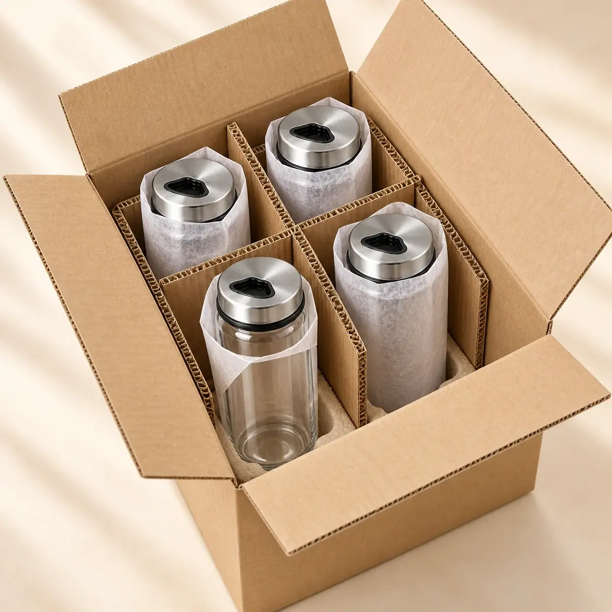 300 mL 3단 회전 유리 쉐이커의 단품 상자, 빈 병 칸막이, 캡 분리 포장과 수출용 외부 카톤