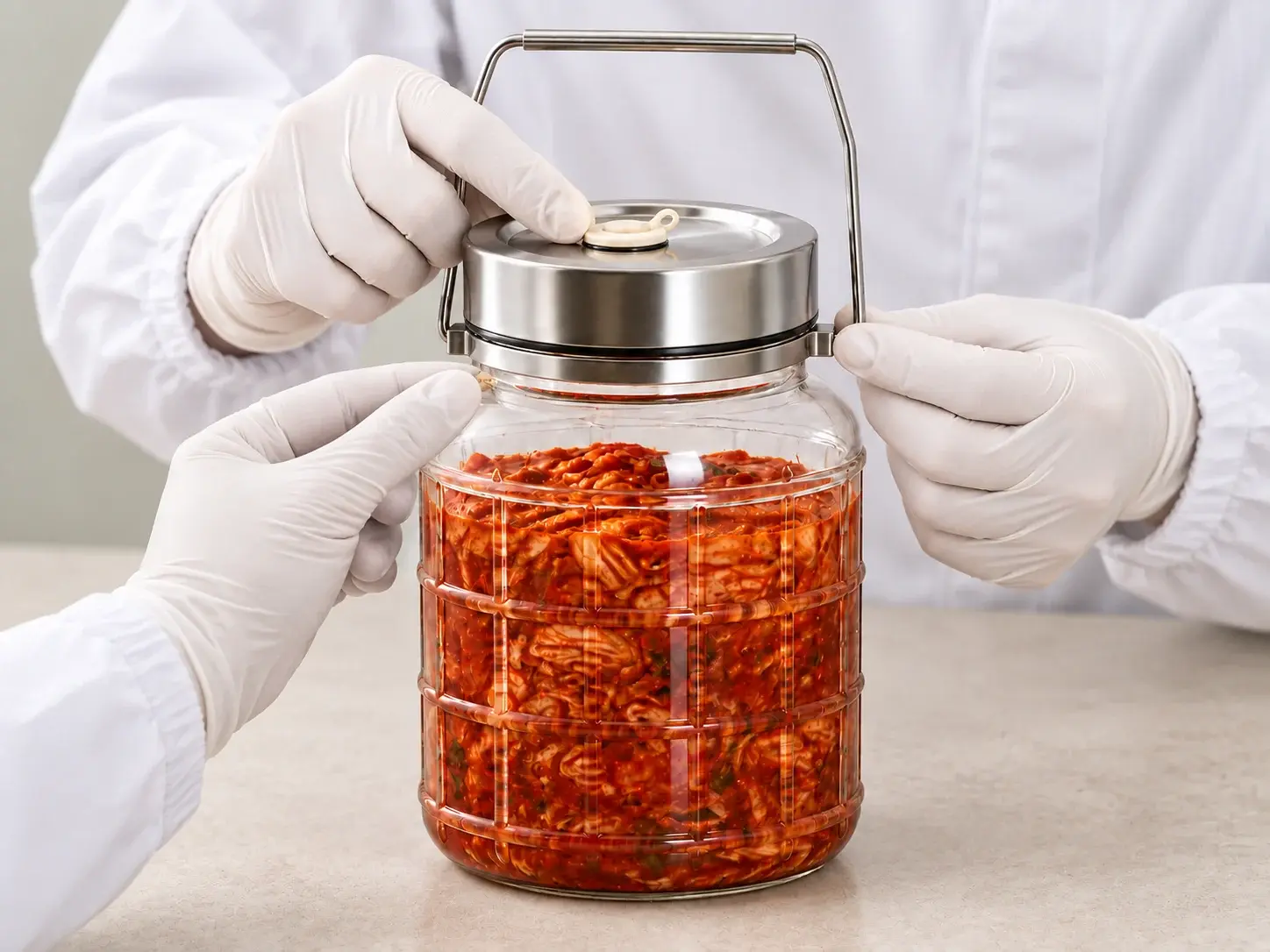 1,000 mL 손잡이형 발효 유리병의 외관과 체결 상태를 확인하는 품질 검사 장면