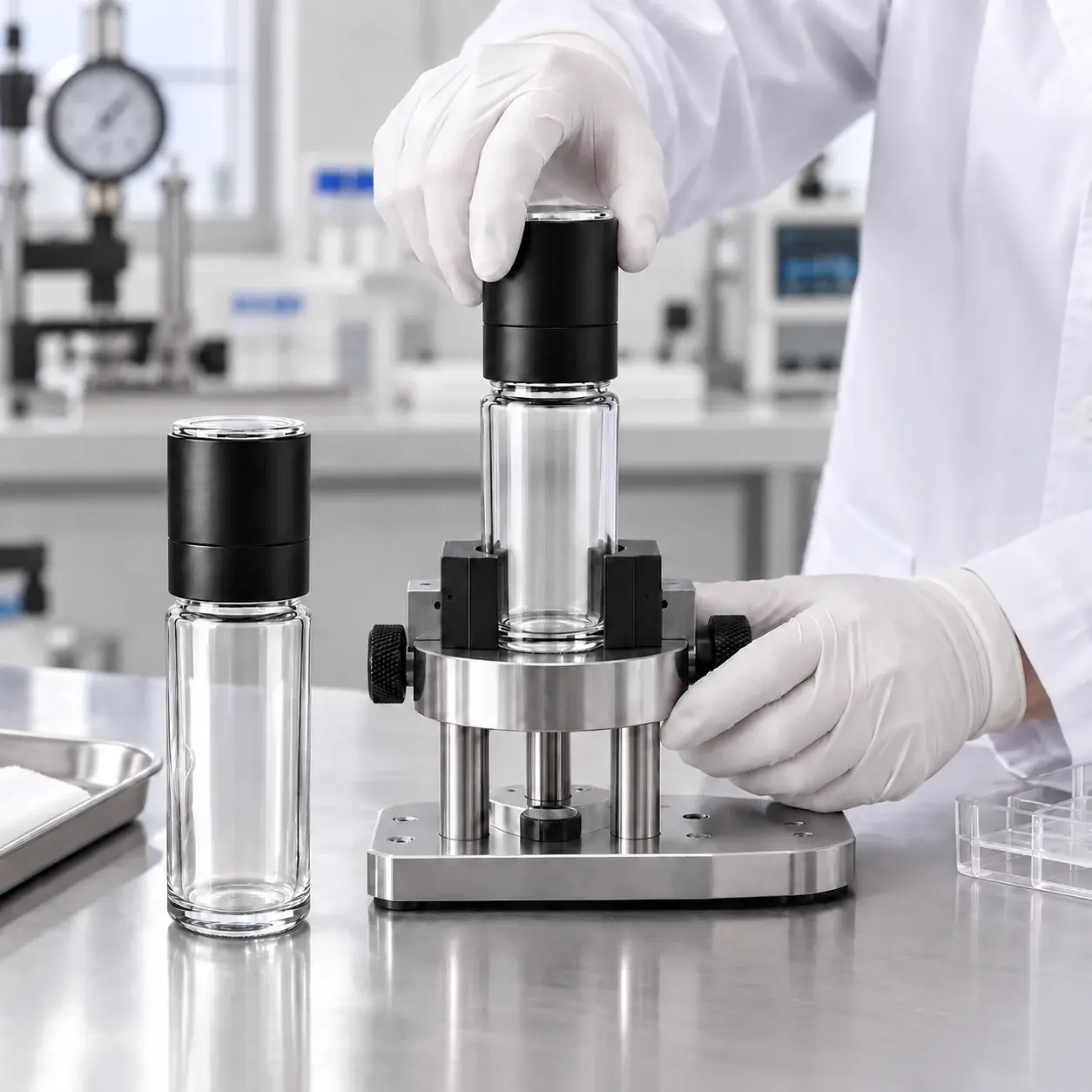 100 mL 원형 유리 그라인더 · 블랙의 외관과 체결 상태를 확인하는 품질 검사 장면