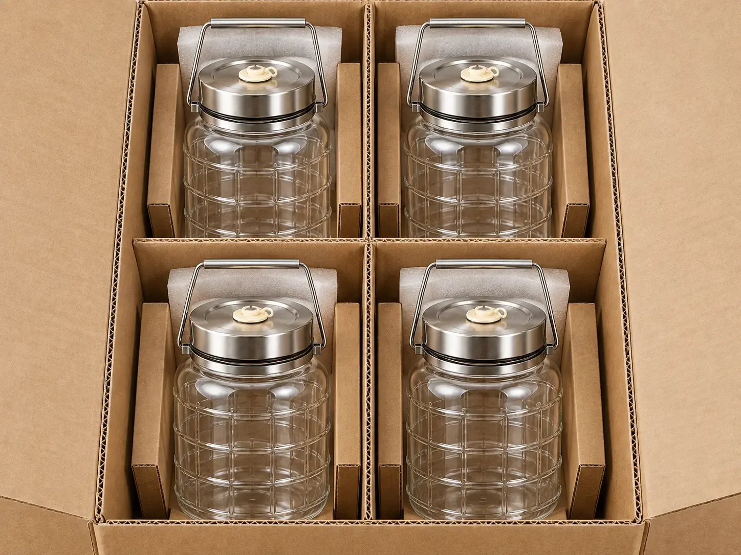 2,000 mL 손잡이형 발효 유리병의 단품 상자, 빈 병 칸막이, 캡 분리 포장과 수출용 외부 카톤
