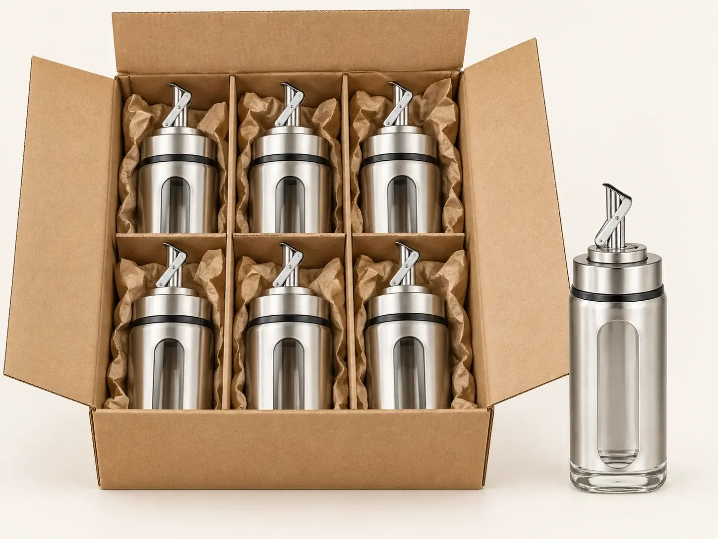 120 mL 304 스테인리스 자동개폐 유리 오일 디스펜서 병의 단품 상자, 빈 병 칸막이, 캡 분리 포장과 수출용 외부 카톤