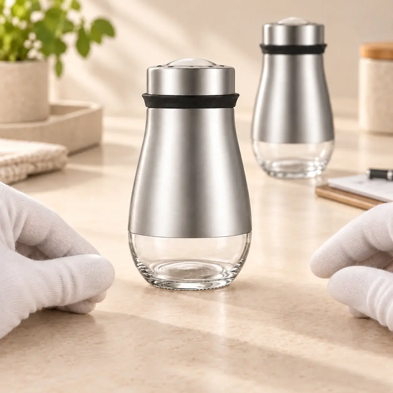 130 mL 스테인리스 테이퍼 유리 쉐이커의 외관과 체결 상태를 확인하는 품질 검사 장면