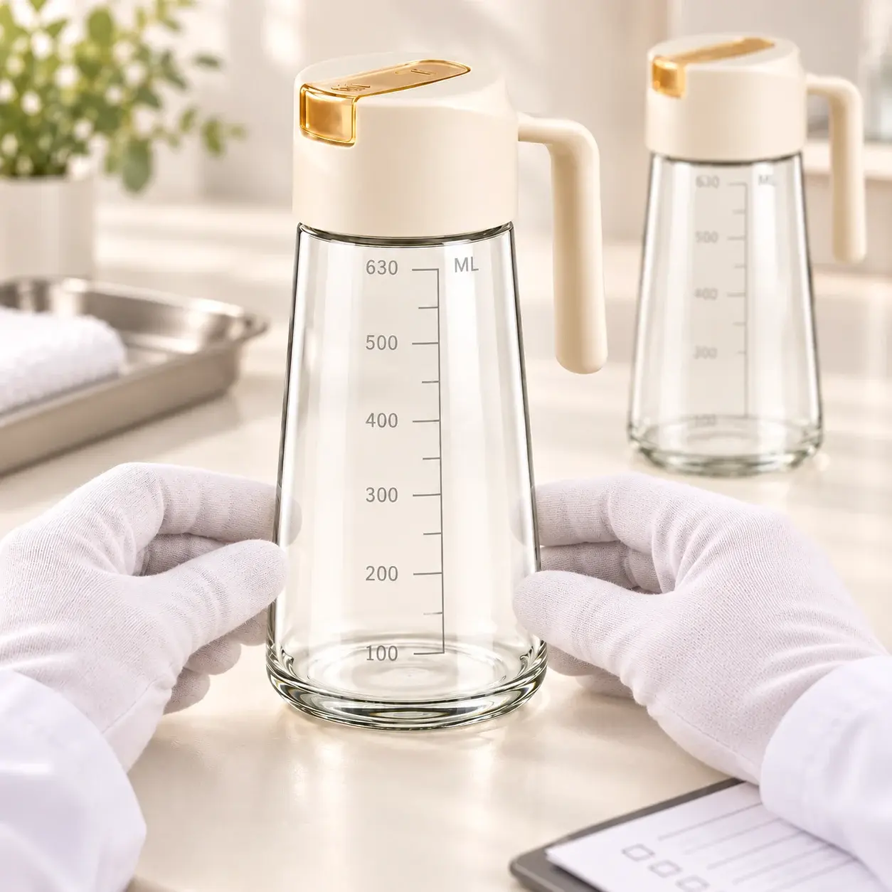 630 mL 손잡이형 자동 개폐 유리 오일 디스펜서 병의 외관과 체결 상태를 확인하는 품질 검사 장면
