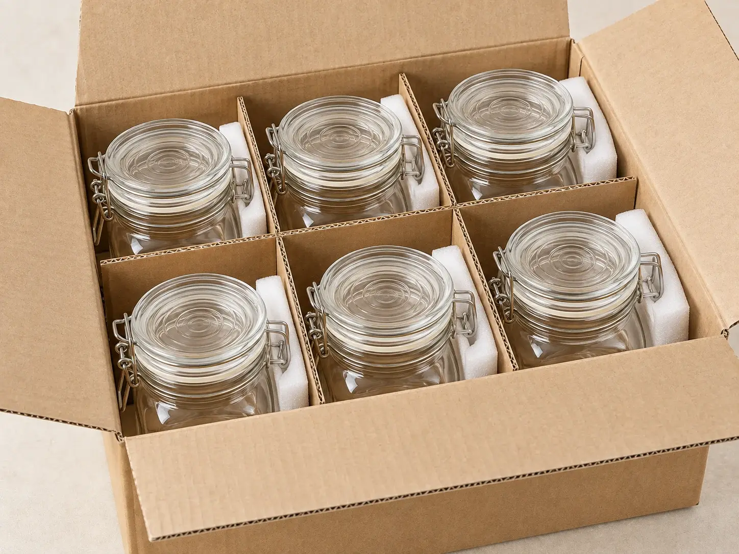 1,000 mL 사각 클램프 밀폐 유리병의 단품 상자, 빈 병 칸막이, 캡 분리 포장과 수출용 외부 카톤