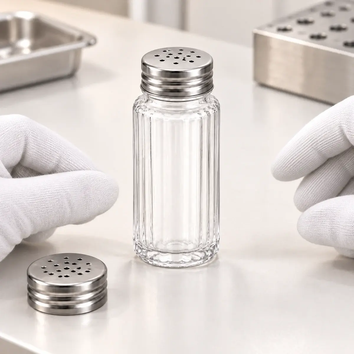 50 mL 세로 골 미니 유리 쉐이커의 외관과 체결 상태를 확인하는 품질 검사 장면