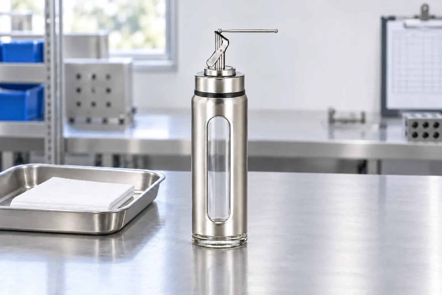 500 mL 304 스테인리스 자동개폐 유리 오일 디스펜서 병의 외관과 체결 상태를 확인하는 품질 검사 장면
