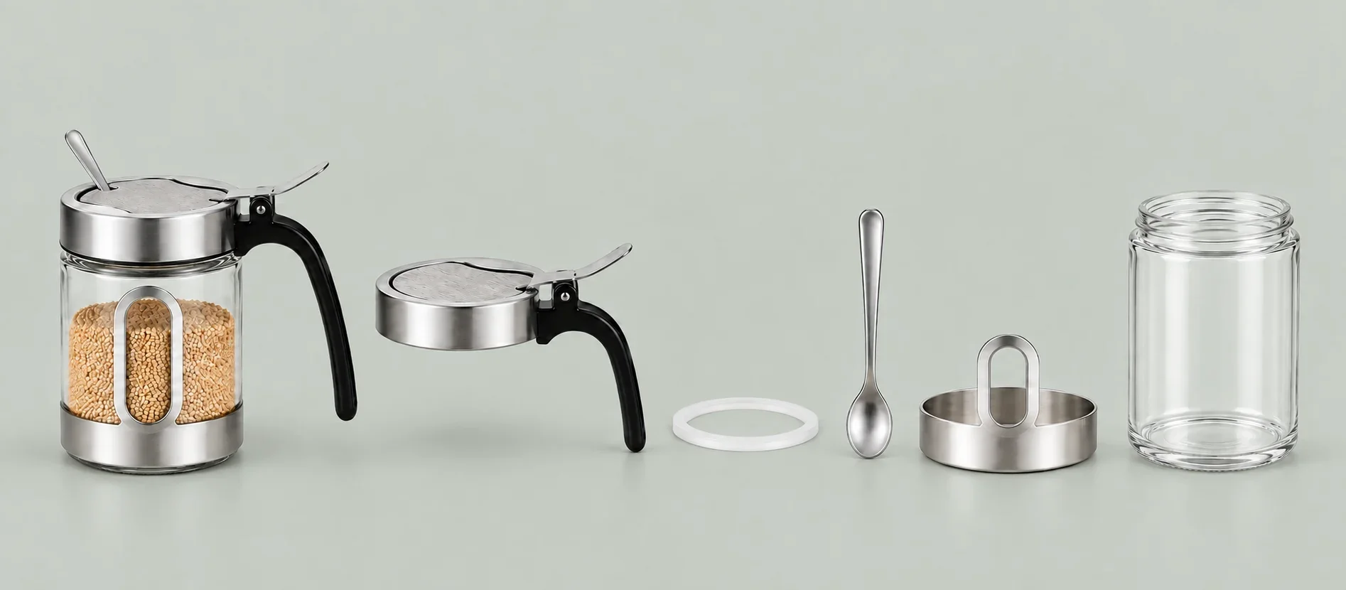 300밀리리터 핸들 조미료통 B 완성품과 스푼 홈 플립판, 상부 칼라, 긴 레버, 블랙 손잡이, 밀봉 링, 스푼, 하단 밴드 프레임 및 유리병 분리 구조