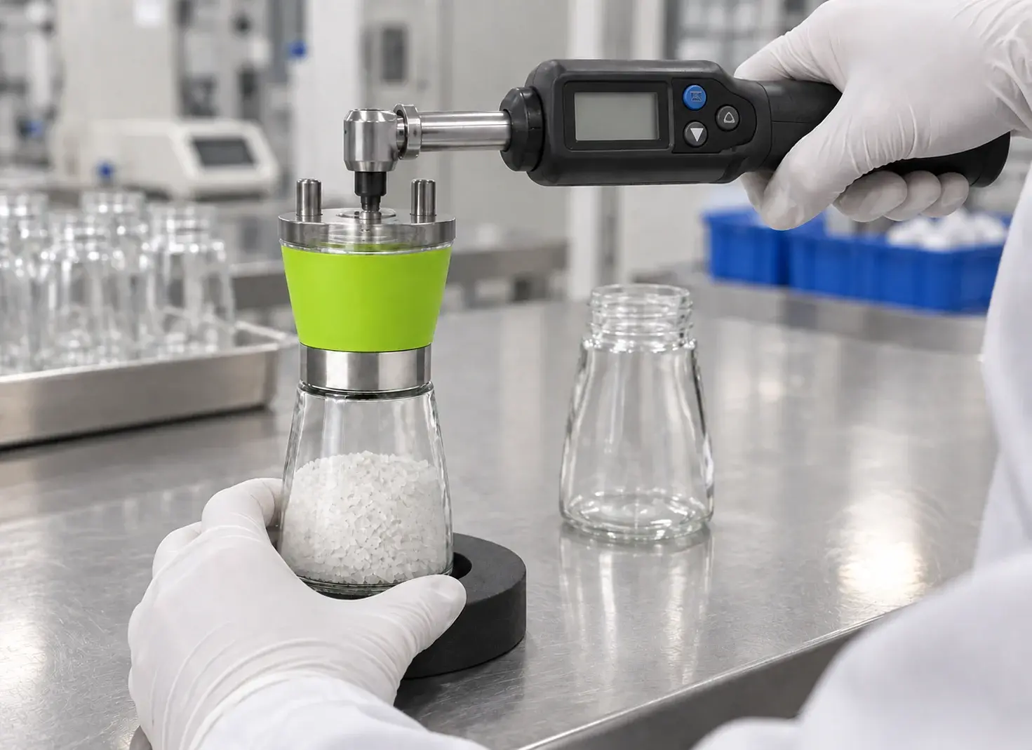 200 mL 저형 수동 유리 그라인더 · 그린의 외관과 체결 상태를 확인하는 품질 검사 장면