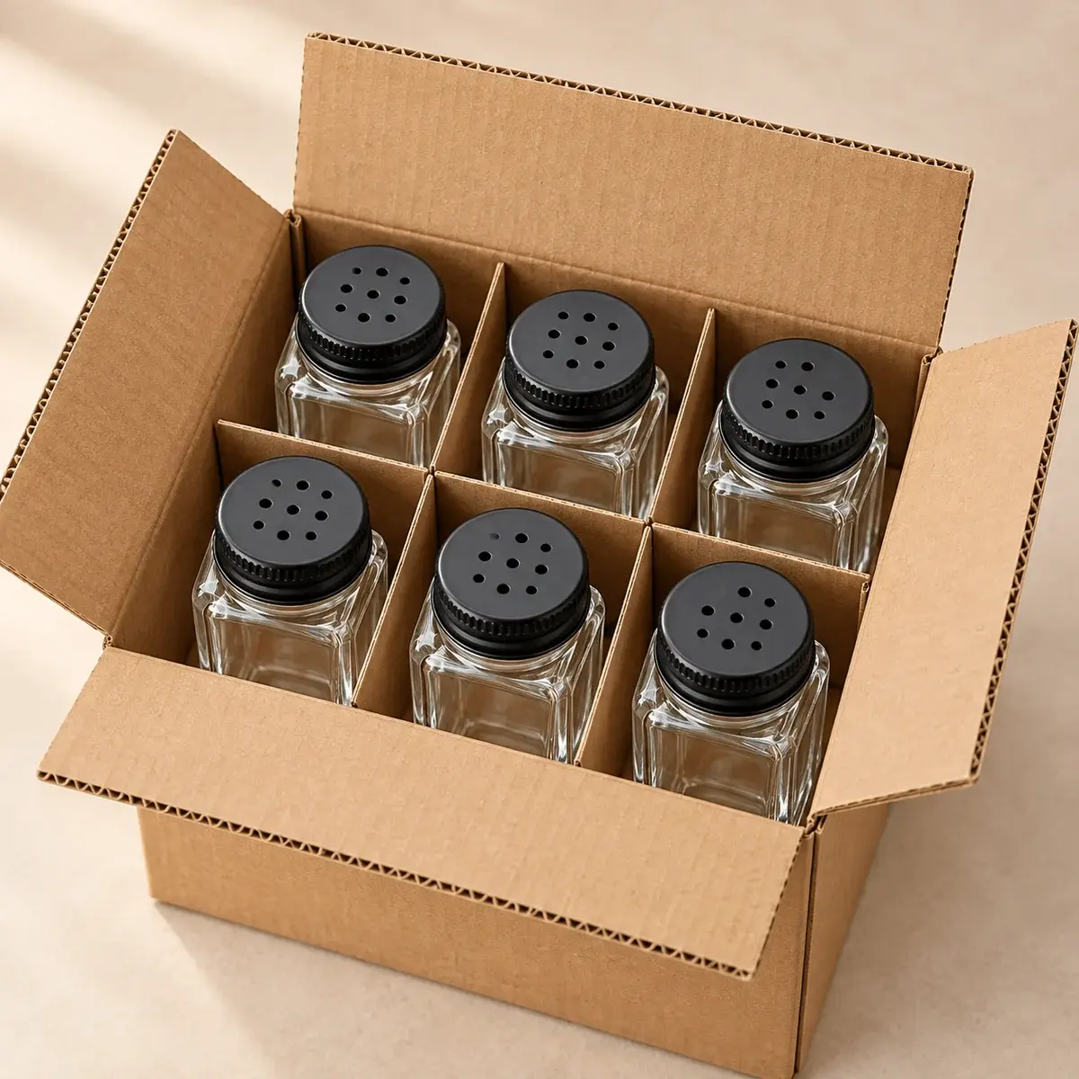 120 mL 사각 유리 조미료 쉐이커의 단품 상자, 빈 병 칸막이, 캡 분리 포장과 수출용 외부 카톤