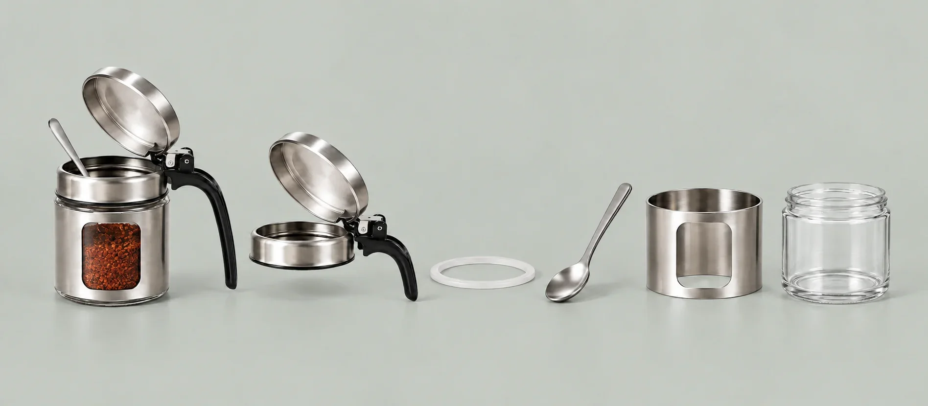 300밀리리터 핸들 조미료통 완성품과 원형 플립 뚜껑, 블랙 손잡이, 실리콘 링, 스테인리스 스푼, 확인창 외장 및 유리 내통 분리 구조