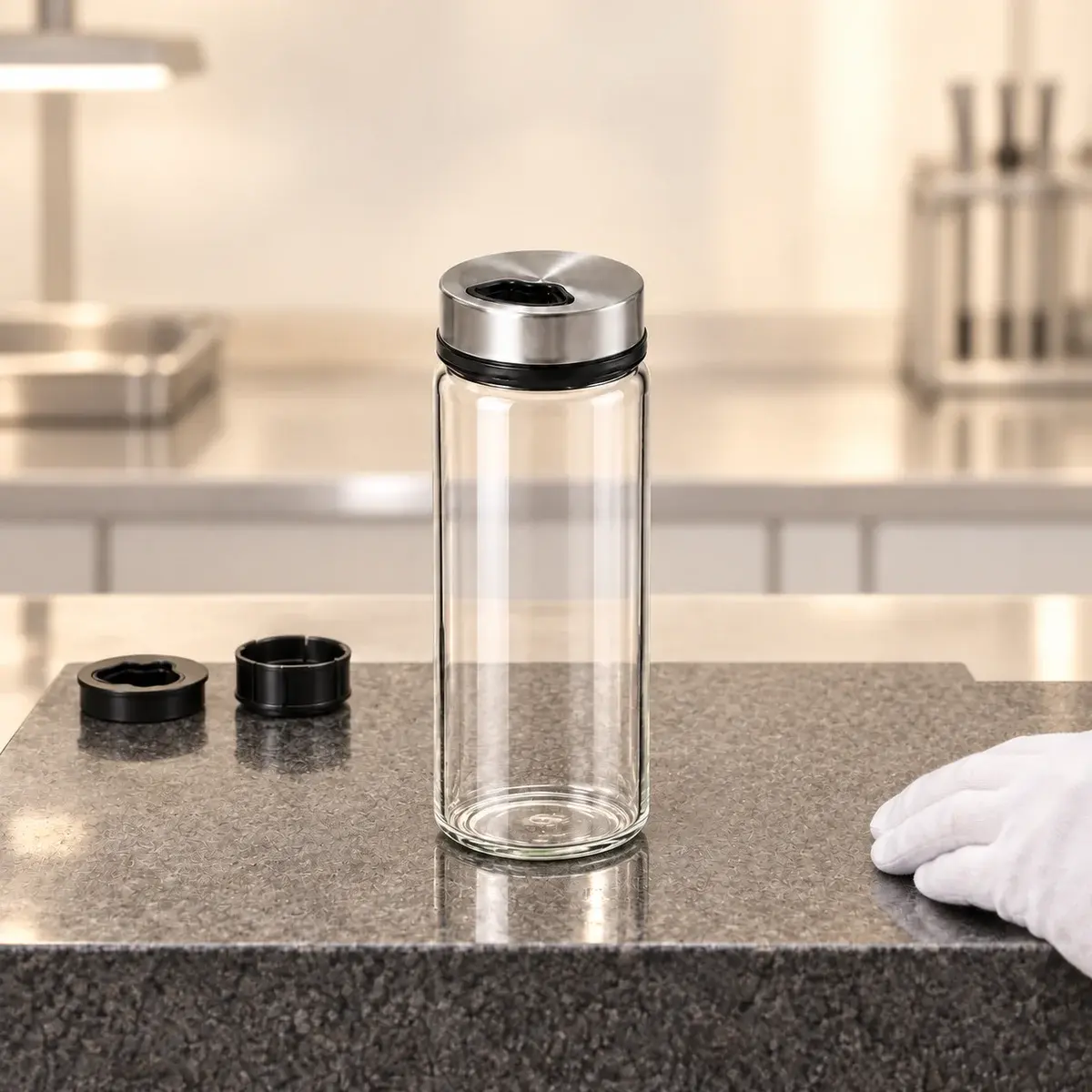 300 mL 3단 회전 유리 쉐이커의 외관과 체결 상태를 확인하는 품질 검사 장면