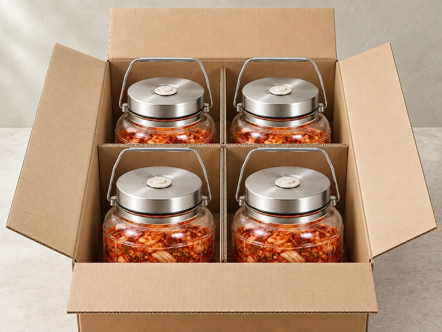 3,000 mL 손잡이형 발효 유리병의 단품 상자, 빈 병 칸막이, 캡 분리 포장과 수출용 외부 카톤