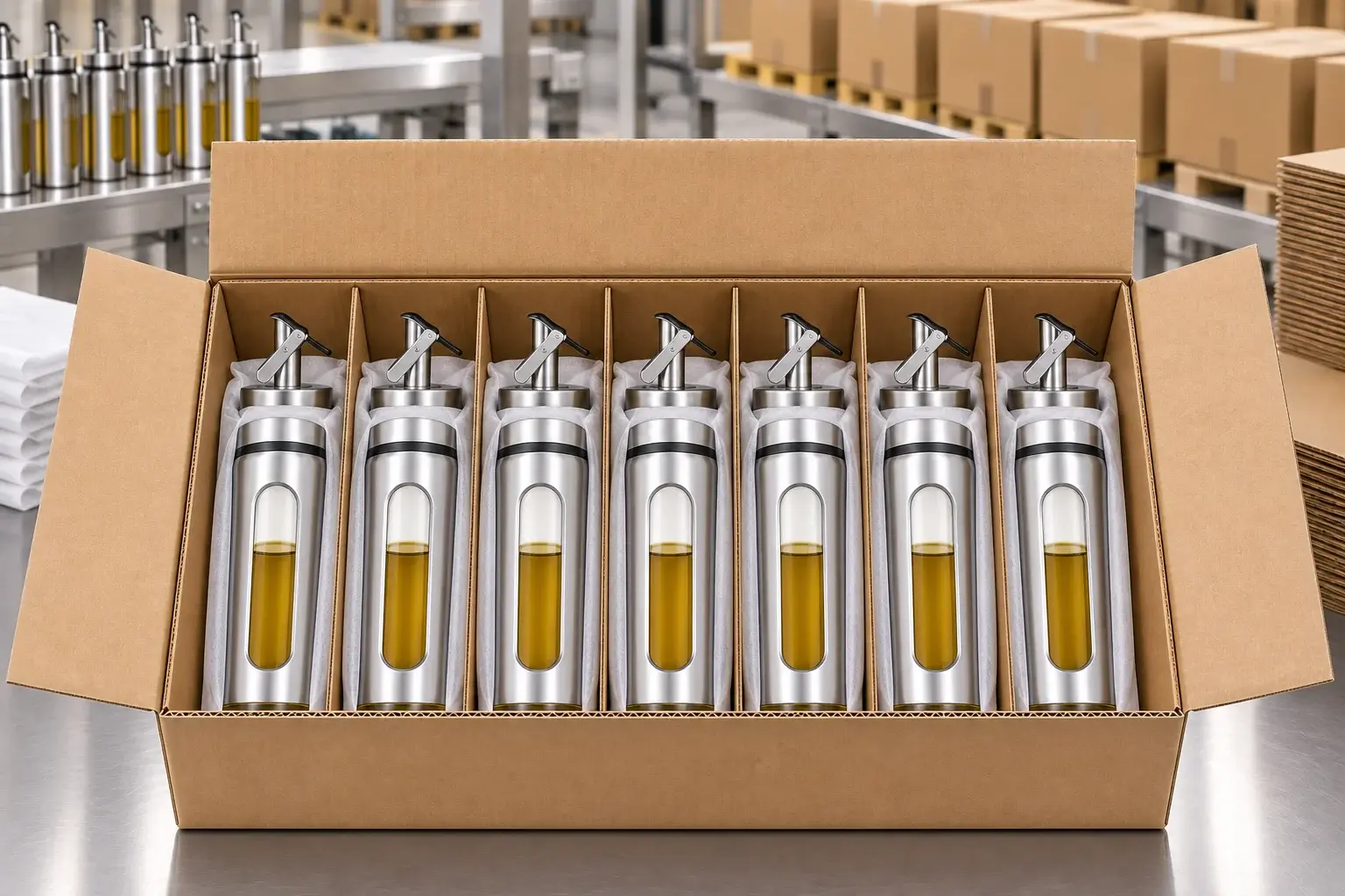 170 mL 304 스테인리스 자동개폐 유리 오일 디스펜서 병의 단품 상자, 빈 병 칸막이, 캡 분리 포장과 수출용 외부 카톤