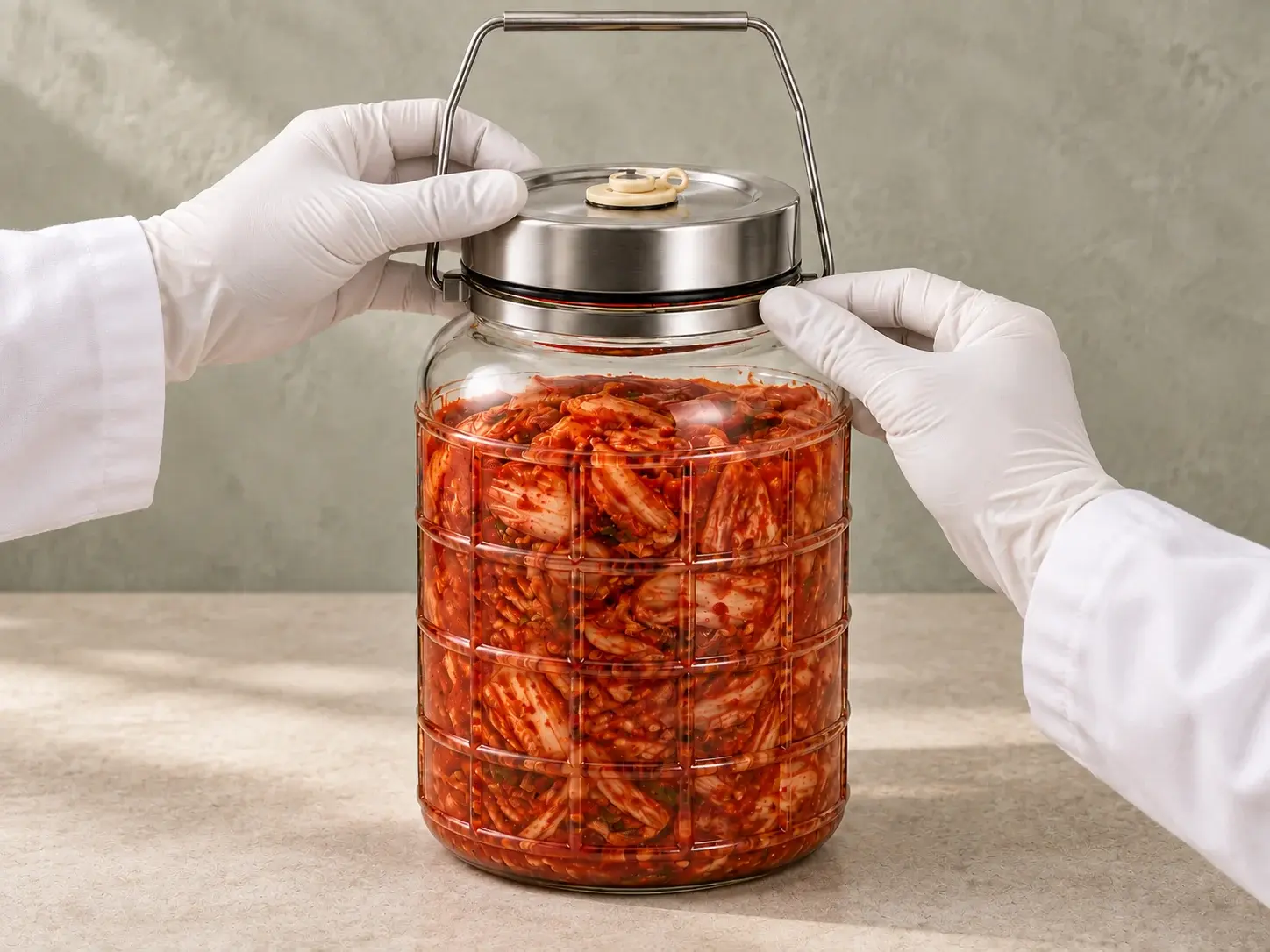 2,000 mL 손잡이형 발효 유리병의 외관과 체결 상태를 확인하는 품질 검사 장면