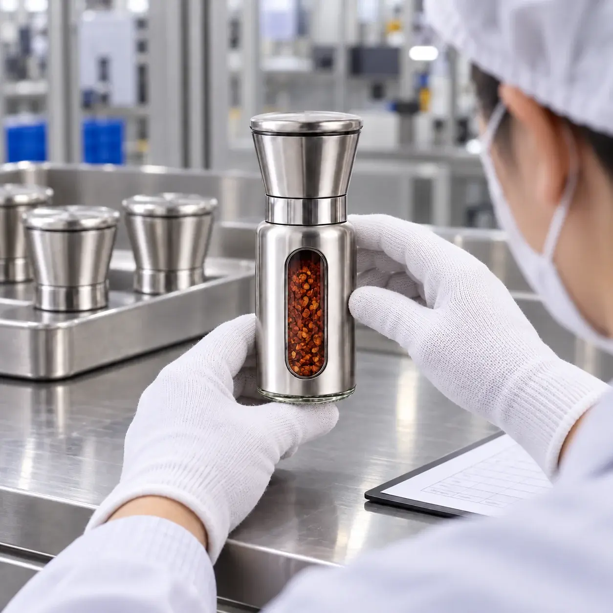 120 mL 콘형 304 스테인리스 그라인더의 외관과 체결 상태를 확인하는 품질 검사 장면