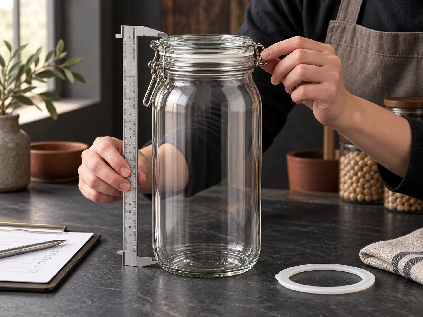 1,600 mL 원형 클램프 밀폐 유리병의 외관과 체결 상태를 확인하는 품질 검사 장면
