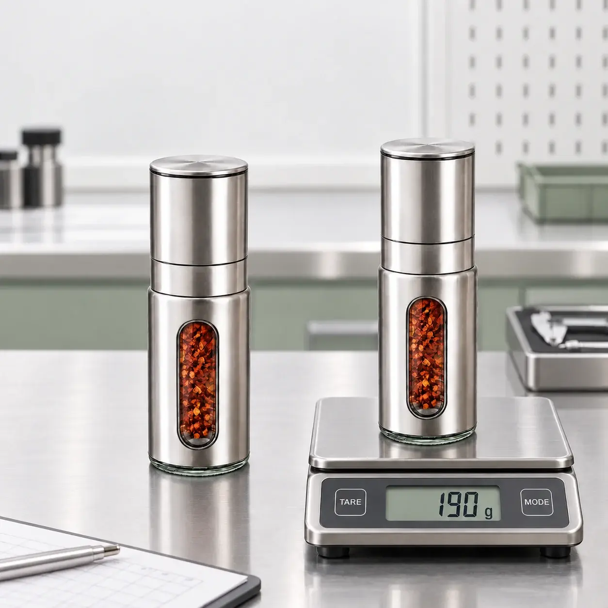 120 mL 직선형 304 스테인리스 그라인더의 외관과 체결 상태를 확인하는 품질 검사 장면