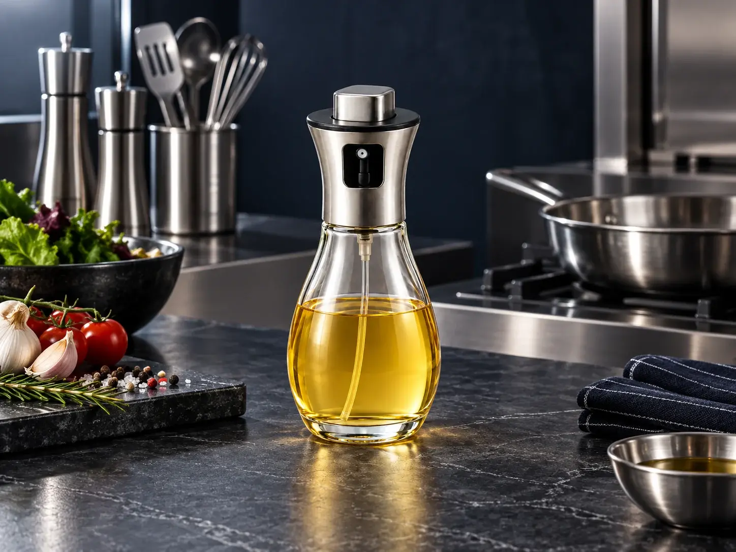 200 mL 304 스테인리스 누름식 유리 오일 스프레이의 외관과 체결 상태를 확인하는 품질 검사 장면