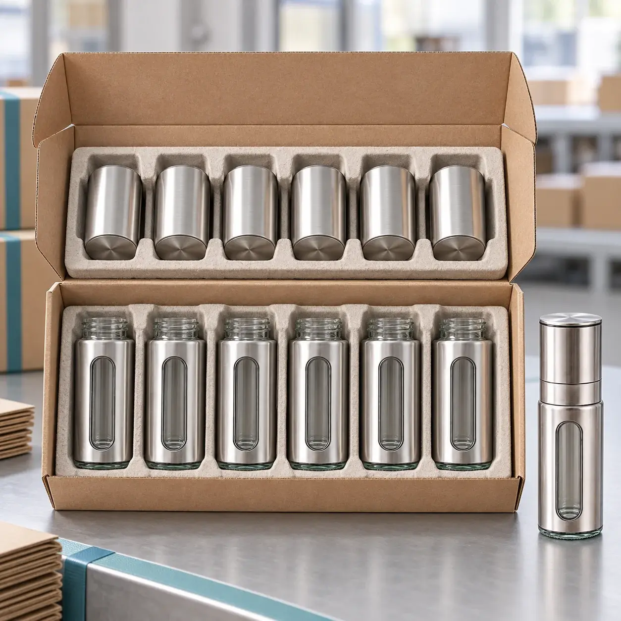 120 mL 직선형 304 스테인리스 그라인더의 단품 상자, 빈 병 칸막이, 캡 분리 포장과 수출용 외부 카톤
