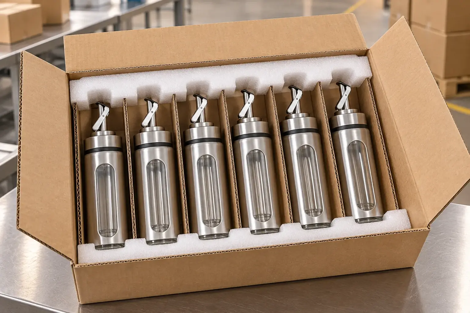 280 mL 304 스테인리스 자동개폐 유리 오일 디스펜서 병의 단품 상자, 빈 병 칸막이, 캡 분리 포장과 수출용 외부 카톤