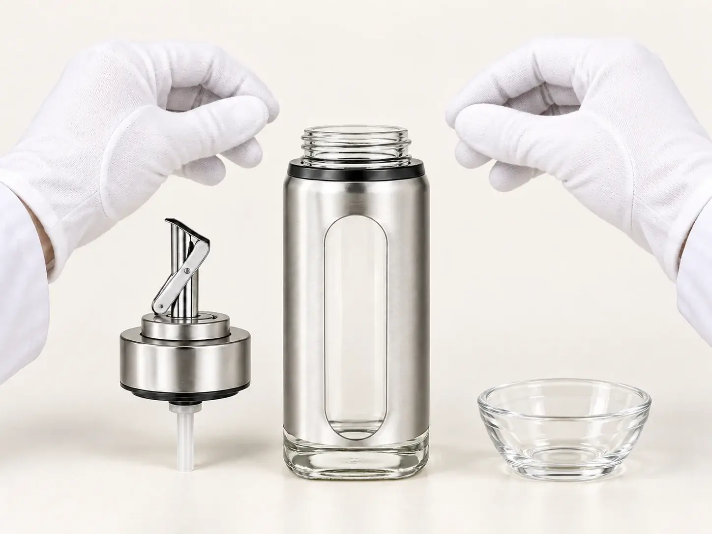 120 mL 304 스테인리스 자동개폐 유리 오일 디스펜서 병의 외관과 체결 상태를 확인하는 품질 검사 장면